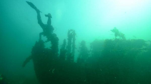 MV Queen - UASBC Diver inspecting remaining bow of wreck